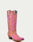 C3970 - WOMEN'S PINK FLUORESCENT EMBROIDERY AND STUDS SNIP TOE COWBOY BOOT