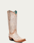 C4143 - WOMEN'S PINK LUMINESCENT EMBROIDERY CRACKLED STRAW SNIP TOE COWBOY BOOT