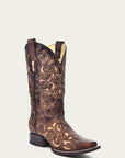 A3326 - WOMEN'S TAN INLAY EMBROIDERY AND STUDS BROWN SQUARE TOE COWBOY BOOT