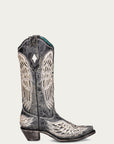 A4232 - WOMEN'S WHITE CROSS AND WINGS OVERLAY AND STUDS WORN FINISH BLACK SNIP TOE COWBOY BOOT
