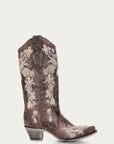 A3572 - WOMEN'S WHITE FLORAL EMBROIDERY AND CRYSTALS BROWN COWBOY BOOT