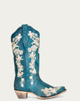 A4361 - WOMEN'S WHITE FLORAL EMBROIDERY WITH CRYSTALS NAVY BLUE SNIP TOE COWBOY BOOT