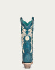 A4361 - WOMEN'S WHITE FLORAL EMBROIDERY WITH CRYSTALS NAVY BLUE SNIP TOE COWBOY BOOT
