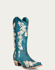 A4361 - WOMEN'S WHITE FLORAL EMBROIDERY WITH CRYSTALS NAVY BLUE SNIP TOE COWBOY BOOT