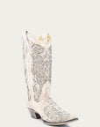A3322 - WOMEN'S WHITE GLITTERED INLAY AND CRYSTALS SNIP TOE WEDDING COWBOY BOOT