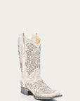 A3397 - WOMEN'S WHITE GLITTERED INLAY AND CRYSTALS SQUARE TOE WEDDING COWBOY BOOT