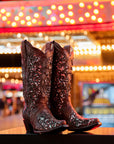 A3671A - WOMEN'S BLACK GLITTER INLAY FLORAL OVERLAY WITH CRYSTALS AND STUDS SNIP TOE COGNAC COWBOY BOOT