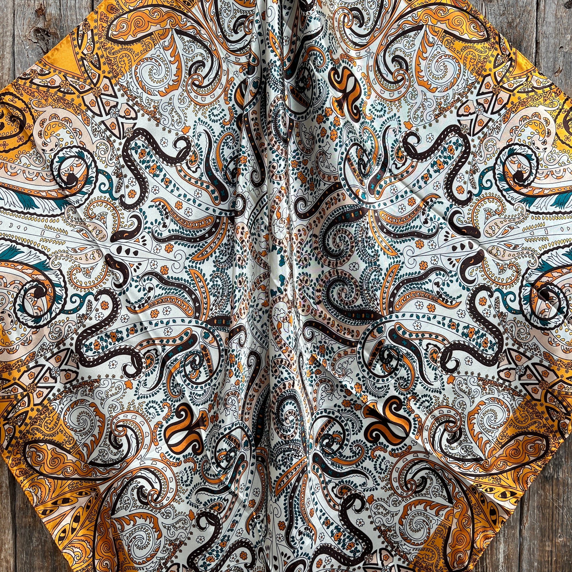 35X35" Golden, Green and Brown Paisley Wild Rag / Scarf -Copper Clear Slide WRC1003B