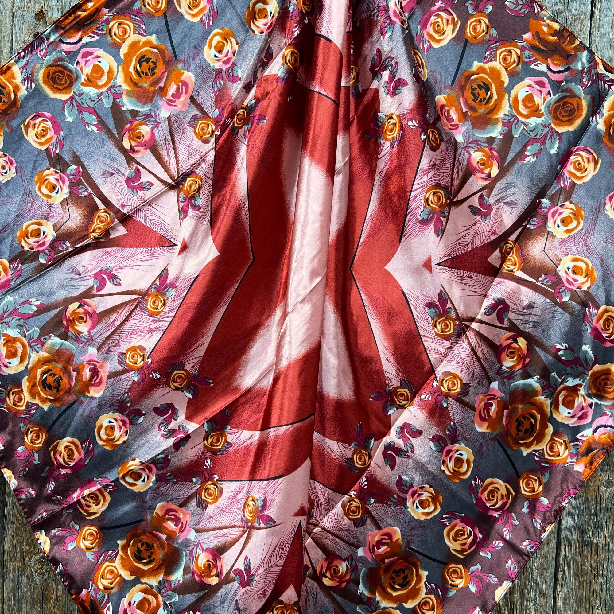 35X35" Pink and Rust Roses Wild Rag / Scarf -Copper Pink, AB, Champagne Slide WRC1007A
