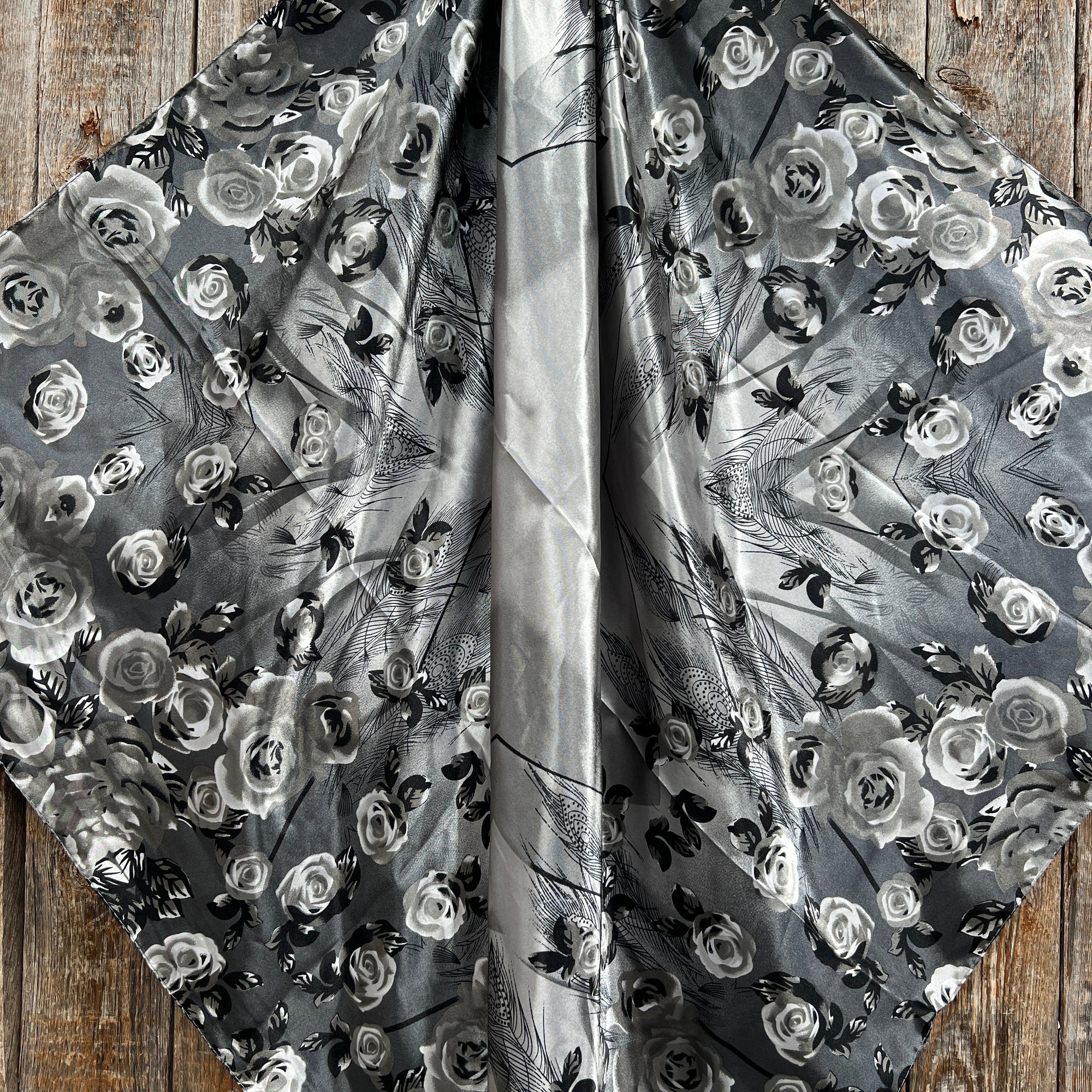 35X35" Grey Roses Wild Rag / Scarf -Antique Silver Clear Slide WRC1008A