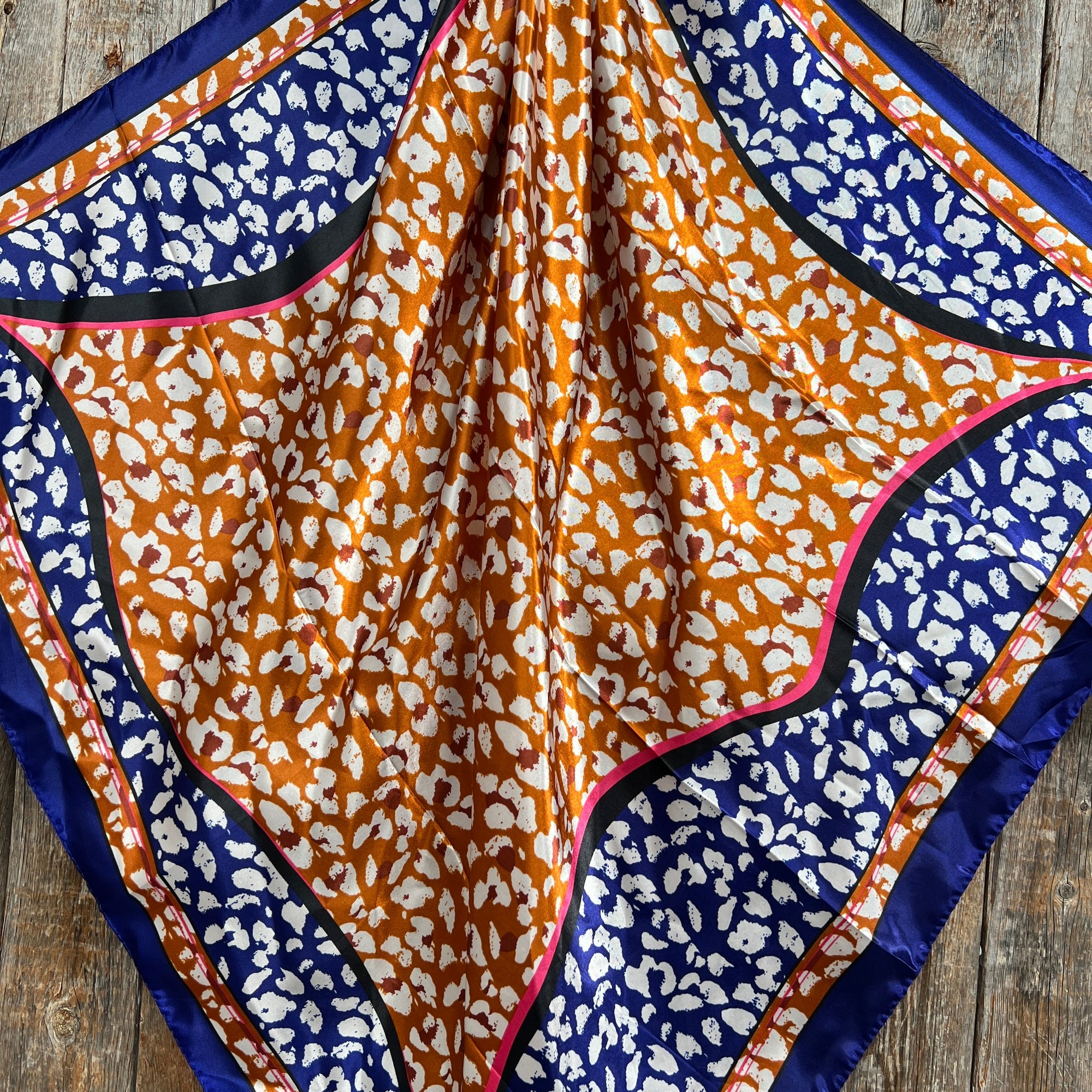 35X35" Blue and Orange Leopard Wild Rag / Scarf -Antique Silver Light Sapphire, Clear and Lilac Slide WRC1013A