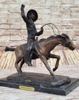 Will Rogers Solid Bronze C.M. Russell Bronze Cowboy Riding Horse Art Statue 16" x 17"