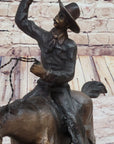 Will Rogers Solid Bronze C.M. Russell Bronze Cowboy Riding Horse Art Statue 16" x 17"
