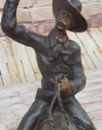 Will Rogers Solid Bronze C.M. Russell Bronze Cowboy Riding Horse Art Statue 16" x 17"