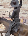 Will Rogers Solid Bronze C.M. Russell Bronze Cowboy Riding Horse Art Statue 16" x 17"