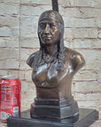 Bronze Bust Native American Indian w/ Braided Hair Statue on Marble Base 12" x 7"