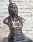 Bronze Bust Native American Indian w/ Braided Hair Statue on Marble Base 12" x 7"