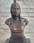 Bronze Bust Native American Indian w/ Braided Hair Statue on Marble Base 12" x 7"