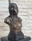 Bronze Bust Native American Indian w/ Braided Hair Statue on Marble Base 12" x 7"