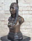 Bronze Bust Native American Indian w/ Braided Hair Statue on Marble Base 12" x 7"