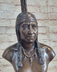 Bronze Bust Native American Indian w/ Braided Hair Statue on Marble Base 12" x 7"