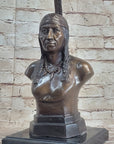 Bronze Bust Native American Indian w/ Braided Hair Statue on Marble Base 12" x 7"