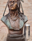 Native American Indian in Wolf Headdress Bronze Bust Statue Sculpture 14" x 8"