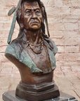 Native American Indian in Wolf Headdress Bronze Bust Statue Sculpture 14" x 8"