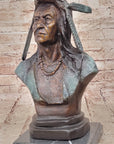 Native American Indian in Wolf Headdress Bronze Bust Statue Sculpture 14" x 8"
