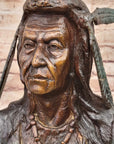 Native American Indian in Wolf Headdress Bronze Bust Statue Sculpture 14" x 8"