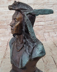 Native American Indian in Wolf Headdress Bronze Bust Statue Sculpture 14" x 8"