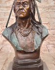 Native American Indian in Wolf Headdress Bronze Bust Statue Sculpture 14" x 8"