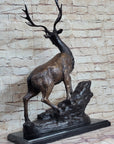 Elk Reindeer Caribou Stag Buck Wildlife Bronze Statue Sculpture on Marble Base