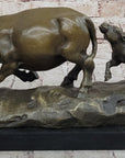 Mother Buffalo & Calf Bronze Sculpture – Timeless Pastoral Artwork on Marble Base