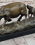 Mother Buffalo & Calf Bronze Sculpture – Timeless Pastoral Artwork on Marble Base