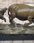 Mother Buffalo & Calf Bronze Sculpture – Timeless Pastoral Artwork on Marble Base