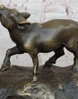 Mother Buffalo & Calf Bronze Sculpture – Timeless Pastoral Artwork on Marble Base