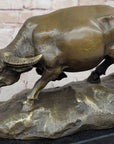 Mother Buffalo & Calf Bronze Sculpture – Timeless Pastoral Artwork on Marble Base