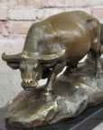 Mother Buffalo & Calf Bronze Sculpture – Timeless Pastoral Artwork on Marble Base