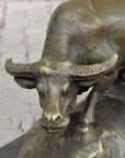 Mother Buffalo & Calf Bronze Sculpture – Timeless Pastoral Artwork on Marble Base