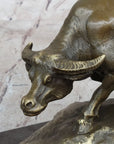 Mother Buffalo & Calf Bronze Sculpture – Timeless Pastoral Artwork on Marble Base