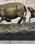 Mother Buffalo & Calf Bronze Sculpture – Timeless Pastoral Artwork on Marble Base