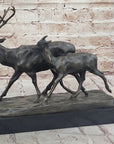 Deer Buck Elk and Doe Fawn Caribou Reindeer Bronze Statue Sculpture Marble Base 11" x 13"