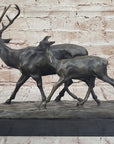 Deer Buck Elk and Doe Fawn Caribou Reindeer Bronze Statue Sculpture Marble Base 11" x 13"