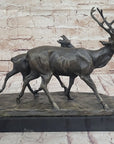 Deer Buck Elk and Doe Fawn Caribou Reindeer Bronze Statue Sculpture Marble Base 11" x 13"