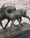 Deer Buck Elk and Doe Fawn Caribou Reindeer Bronze Statue Sculpture Marble Base 11" x 13"
