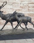 Deer Buck Elk and Doe Fawn Caribou Reindeer Bronze Statue Sculpture Marble Base 11" x 13"