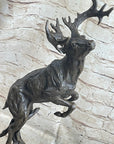 Elk Deer Caribou Stag Buck Jumping Bronze Statue Sculpture on Marble Base