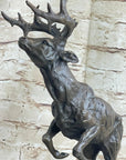 Elk Deer Caribou Stag Buck Jumping Bronze Statue Sculpture on Marble Base