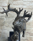 Elk Deer Caribou Stag Buck Jumping Bronze Statue Sculpture on Marble Base